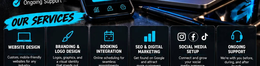 Graphic overview of Geek Digital Studio website, branding, booking and digital services